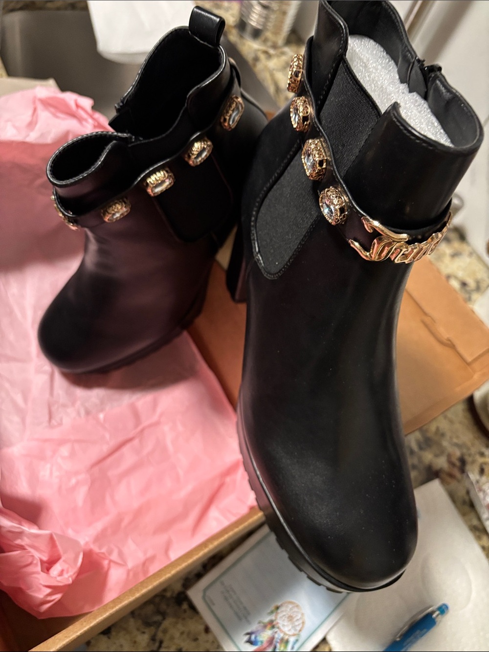 Black Women's Ankle Booties with Gold-Tone Jewel Chain Accent